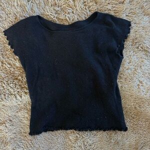 Black Scalloped Edge Cashmere Cap Sleeve Sweater